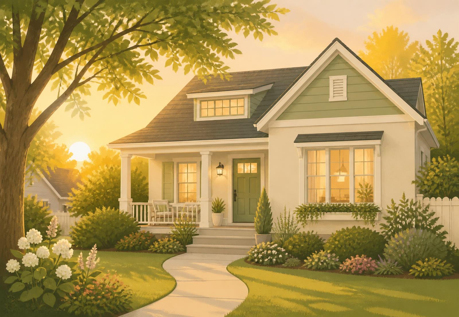 A warm, welcoming home at sunset